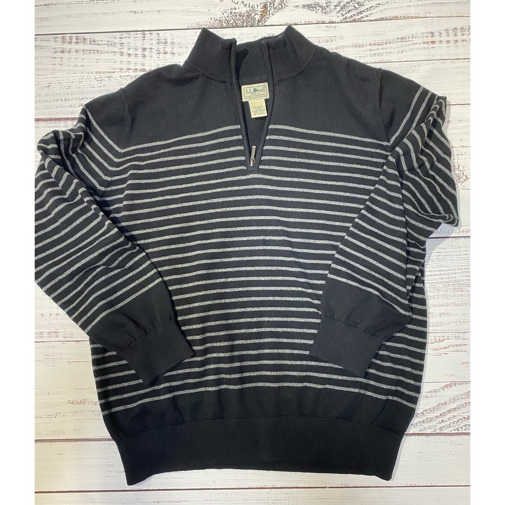LL Bean Mens Cashmere Sweater Black Strips Pullover 1/4 Zip Casual Large‎